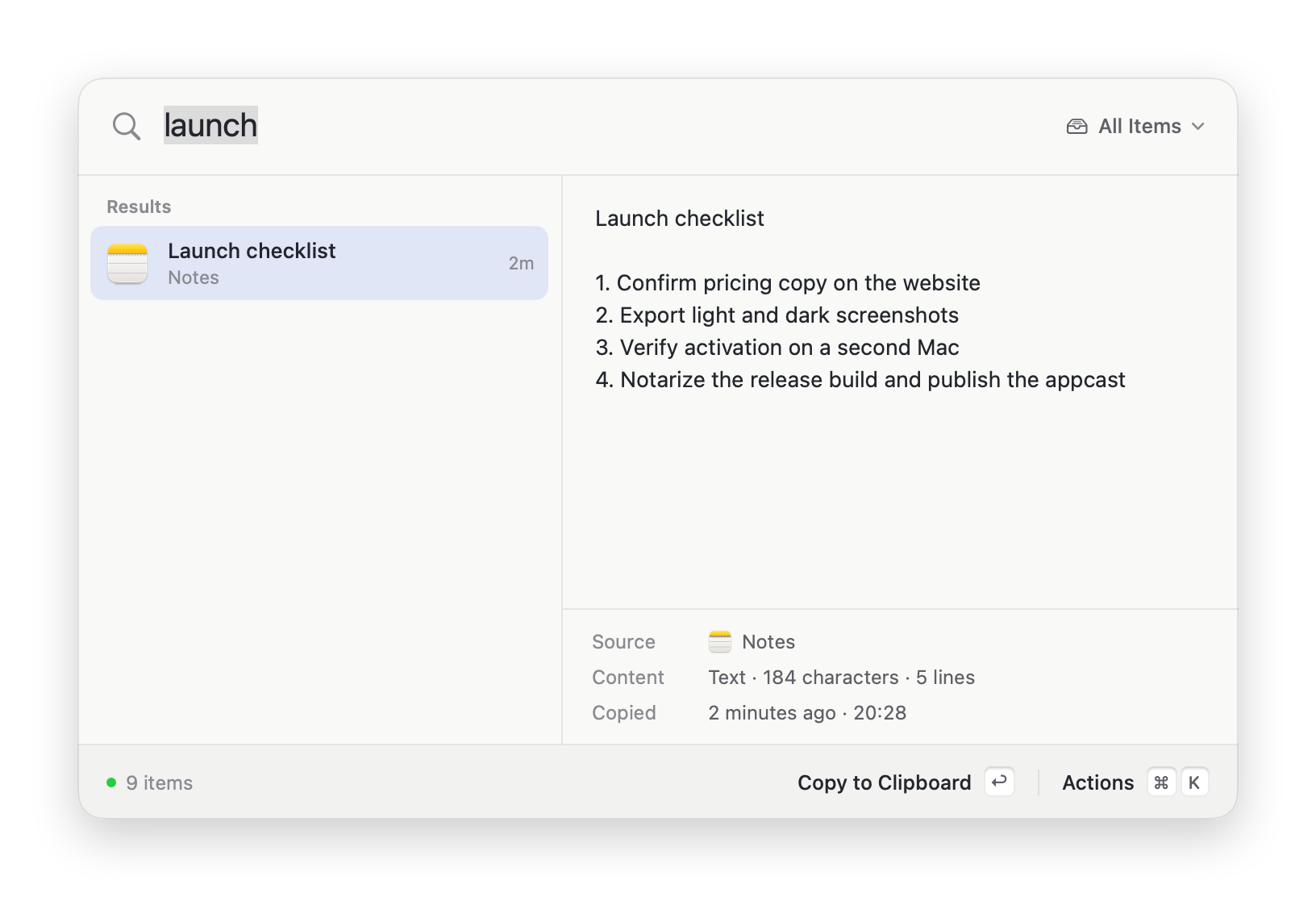 Searching the history panel for “launch”, with one matching checklist