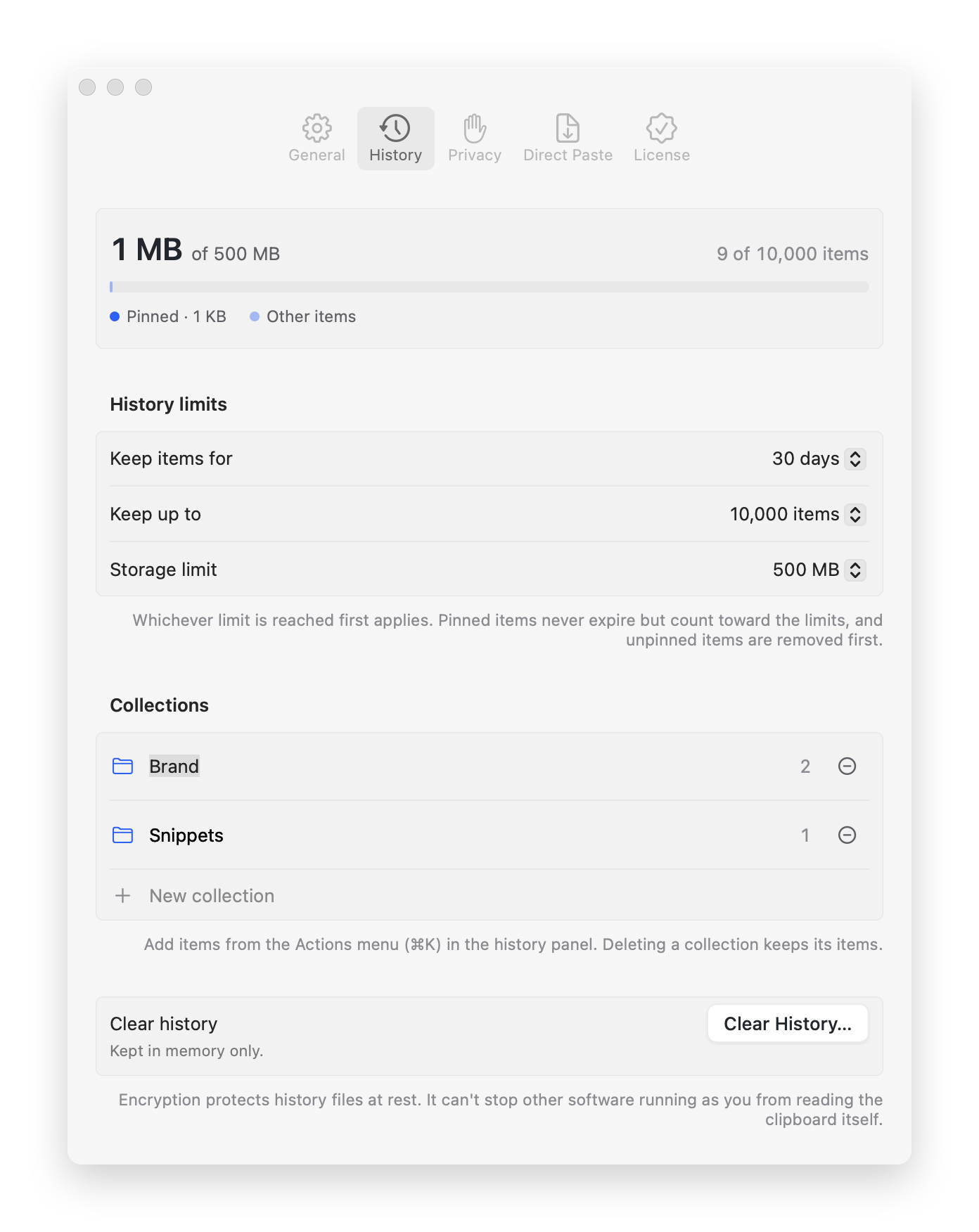 History settings showing storage use, retention limits and collections