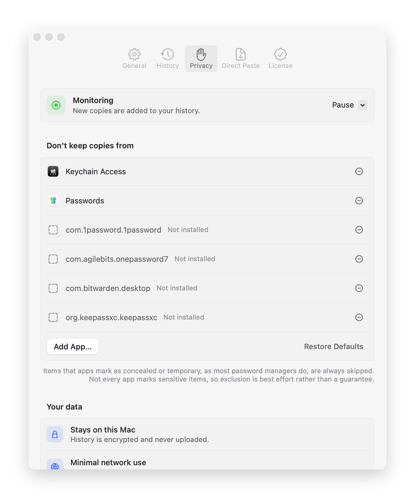 Privacy settings with monitoring status and the list of excluded apps